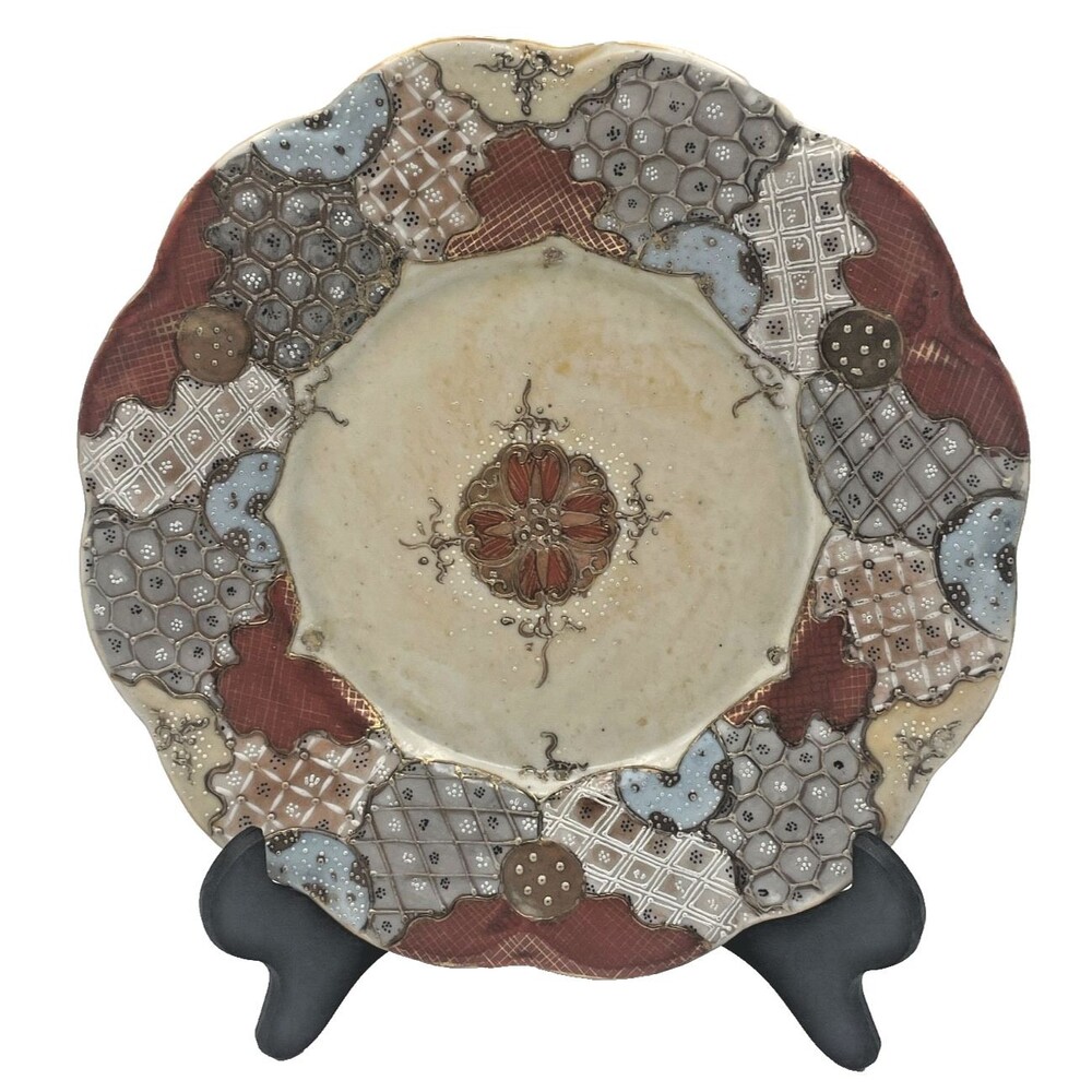 Genuine Japanese Satsuma Porcelain Plate 8.5" Moriage Scalloped Blue Brown Gold